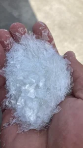 Packaged recycled PET flakes stored in Japan